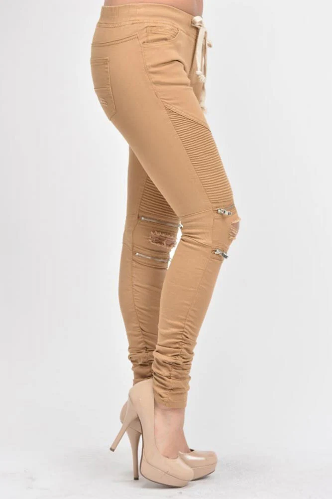 Women's Biker Style Ripped Zip Rider Jogger Pants - Image 26