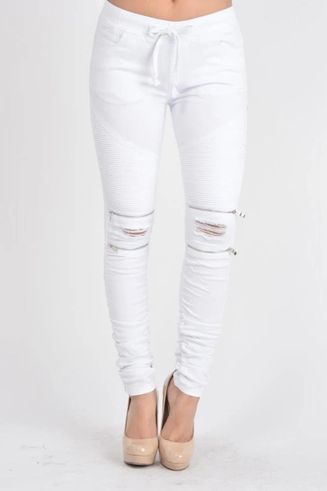 Women's Biker Style Ripped Zip Rider Jogger Pants - Image 29