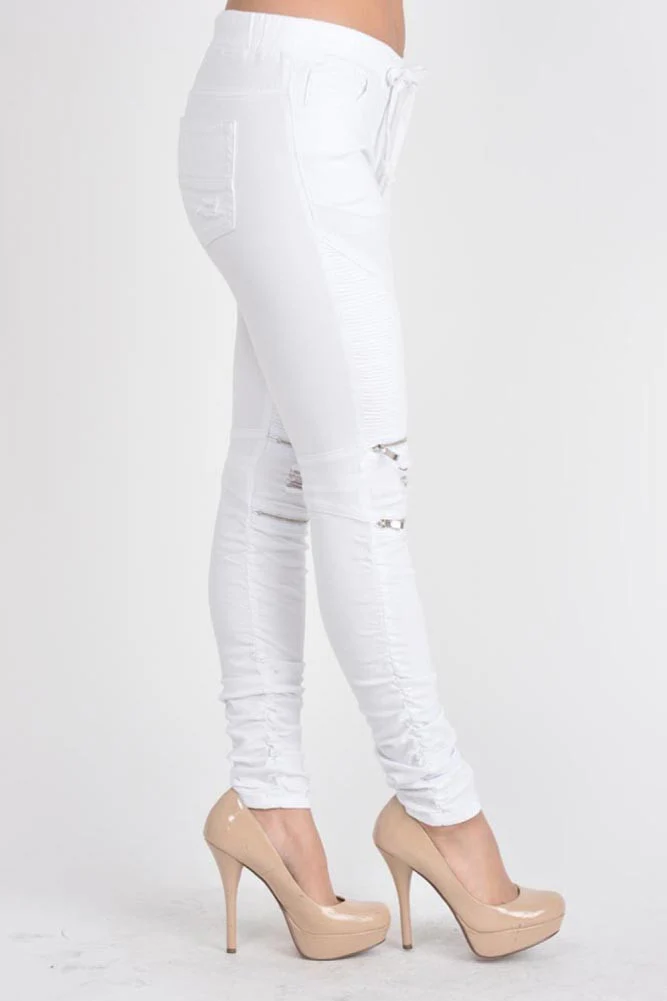 Women's Biker Style Ripped Zip Rider Jogger Pants - Image 30