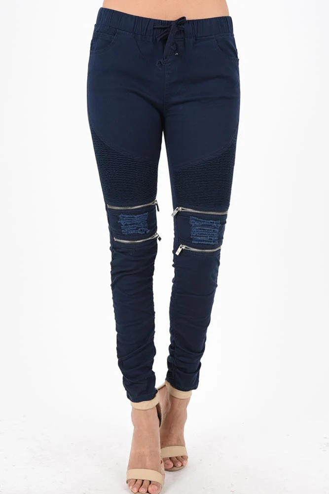 Women's Biker Style Ripped Zip Rider Jogger Pants - Image 33