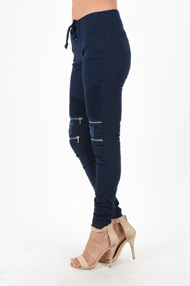 Women's Biker Style Ripped Zip Rider Jogger Pants - Image 34