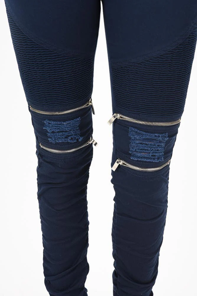 Women's Biker Style Ripped Zip Rider Jogger Pants - Image 36