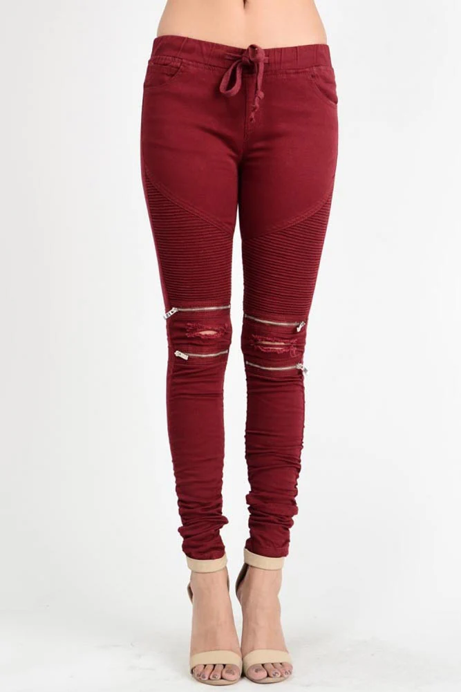 Women's Biker Style Ripped Zip Rider Jogger Pants - Image 6