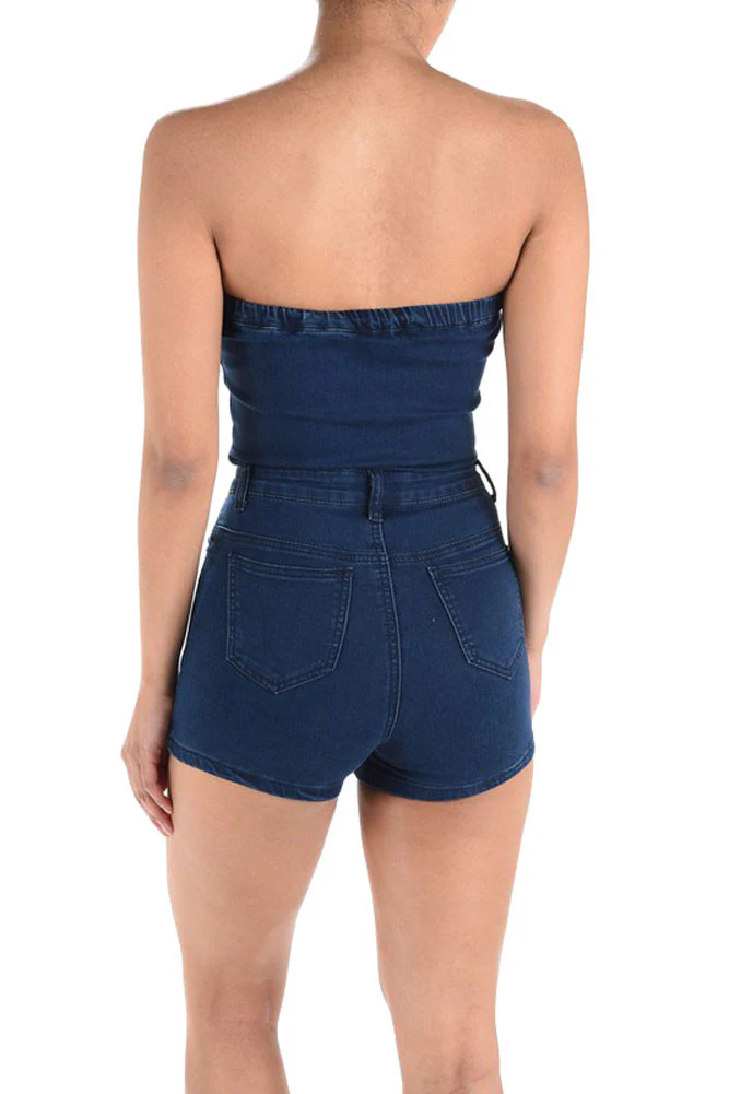 Women's Denim Strapless Zip Up Romper - Image 4