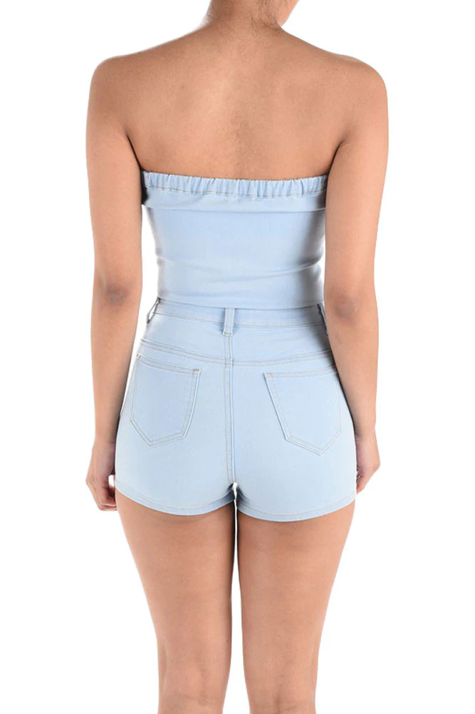 Women's Denim Strapless Zip Up Romper - Image 8