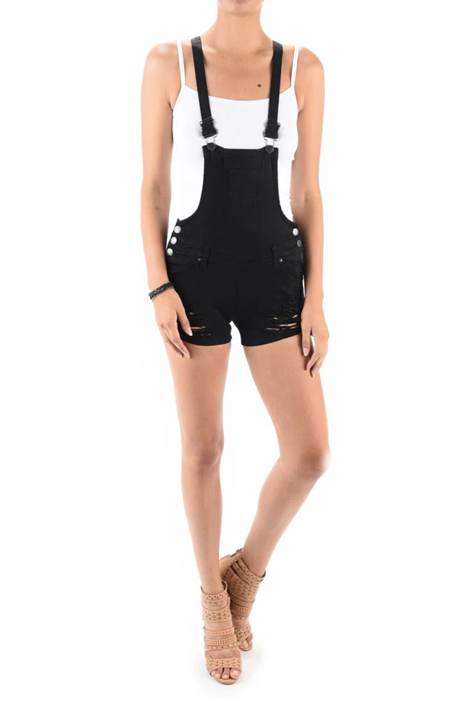 Women's Destroyed Color Denim Short Overalls - Image 3