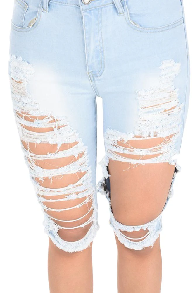 Women's Destroyed Denim Bermuda Shorts - Image 8