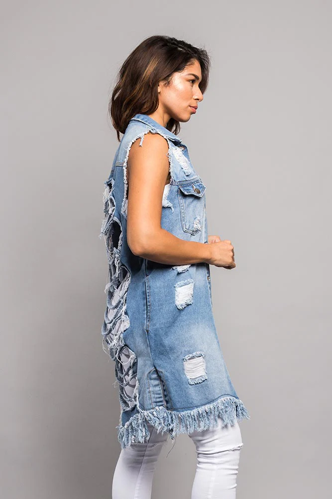 Women's Destroyed Long Denim Robe Vest - Image 12