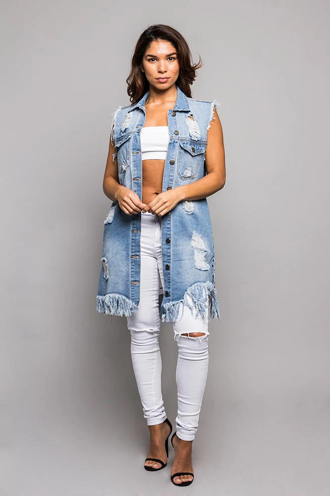 Women's Destroyed Long Denim Robe Vest - Image 15