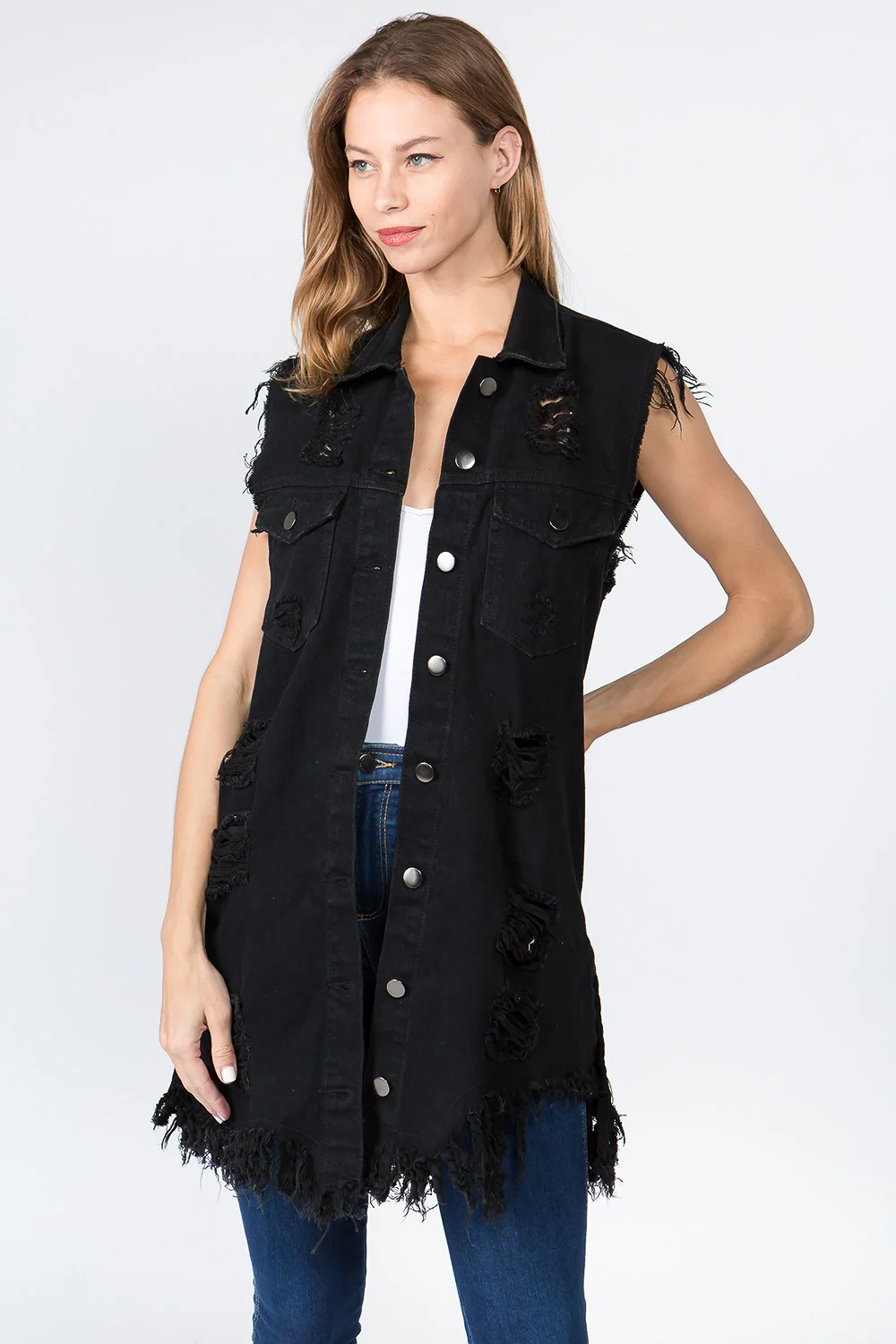 Women's Destroyed Long Denim Robe Vest - Image 19