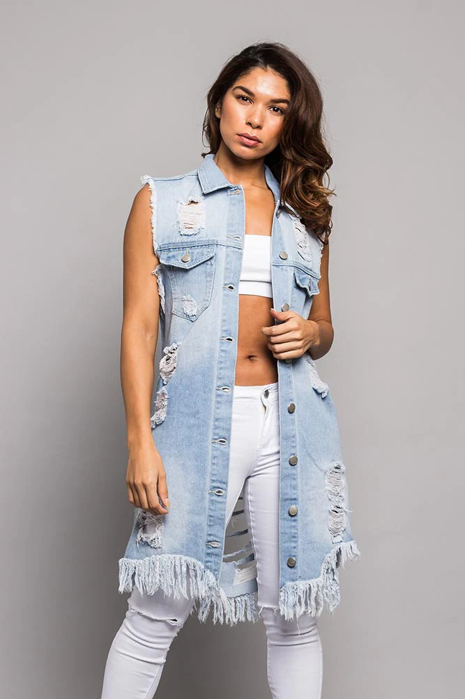 Women's Destroyed Long Denim Robe Vest - Image 2