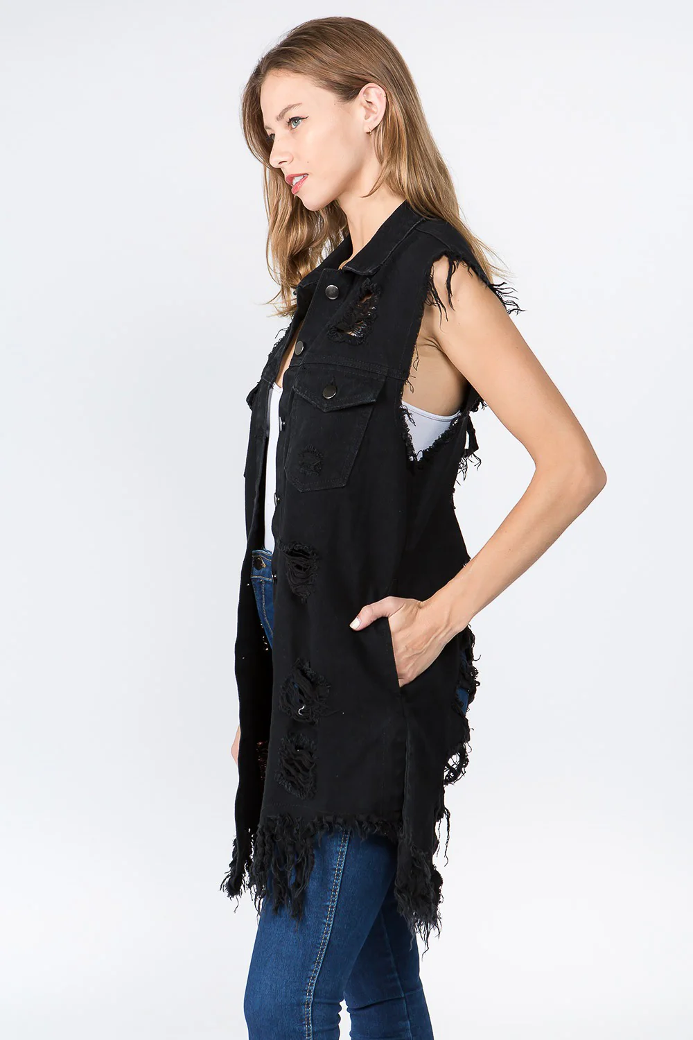 Women's Destroyed Long Denim Robe Vest - Image 20