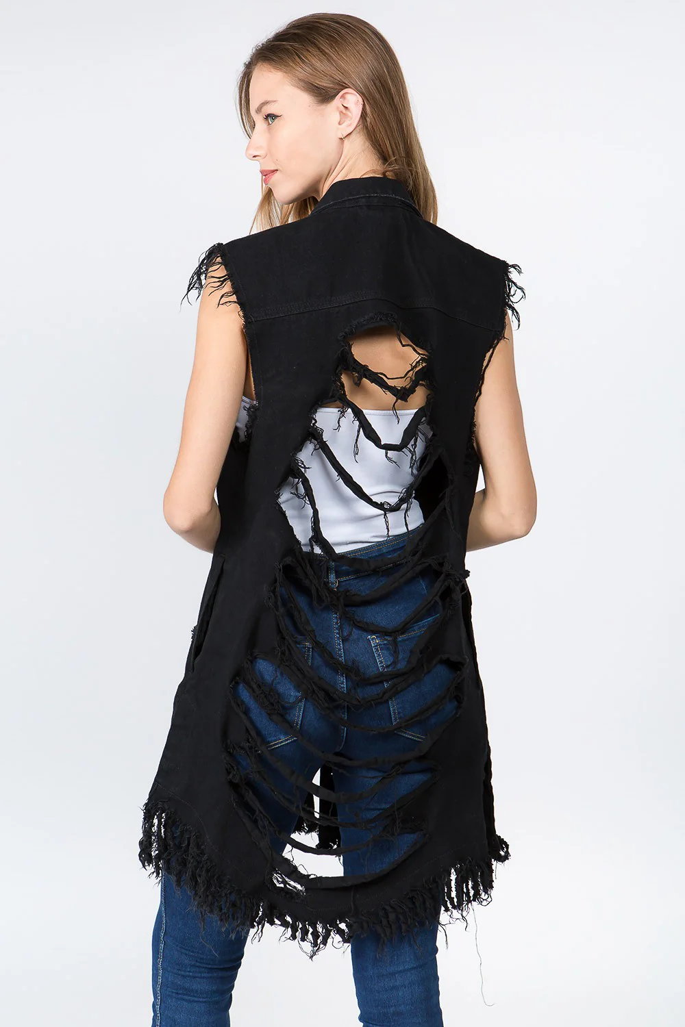Women's Destroyed Long Denim Robe Vest - Image 21