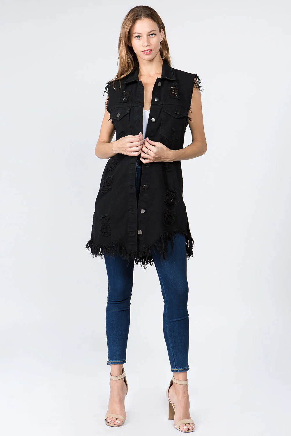 Women's Destroyed Long Denim Robe Vest - Image 23