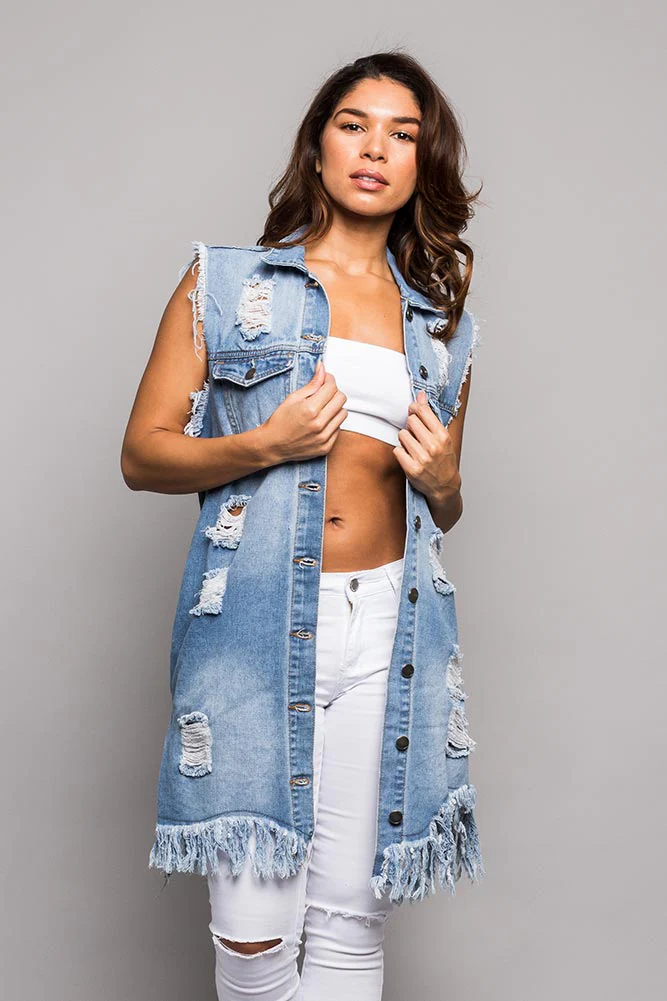 Women's Destroyed Long Denim Robe Vest - Image 9