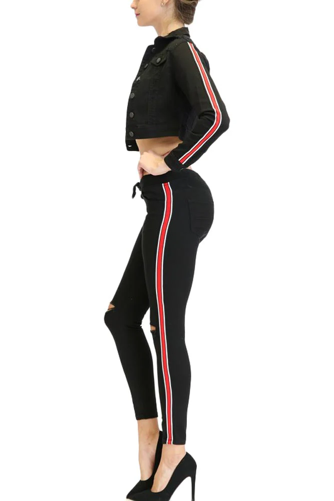 Women's Destroyed Side Striped Band Jacket and Jogger Set - Image 23