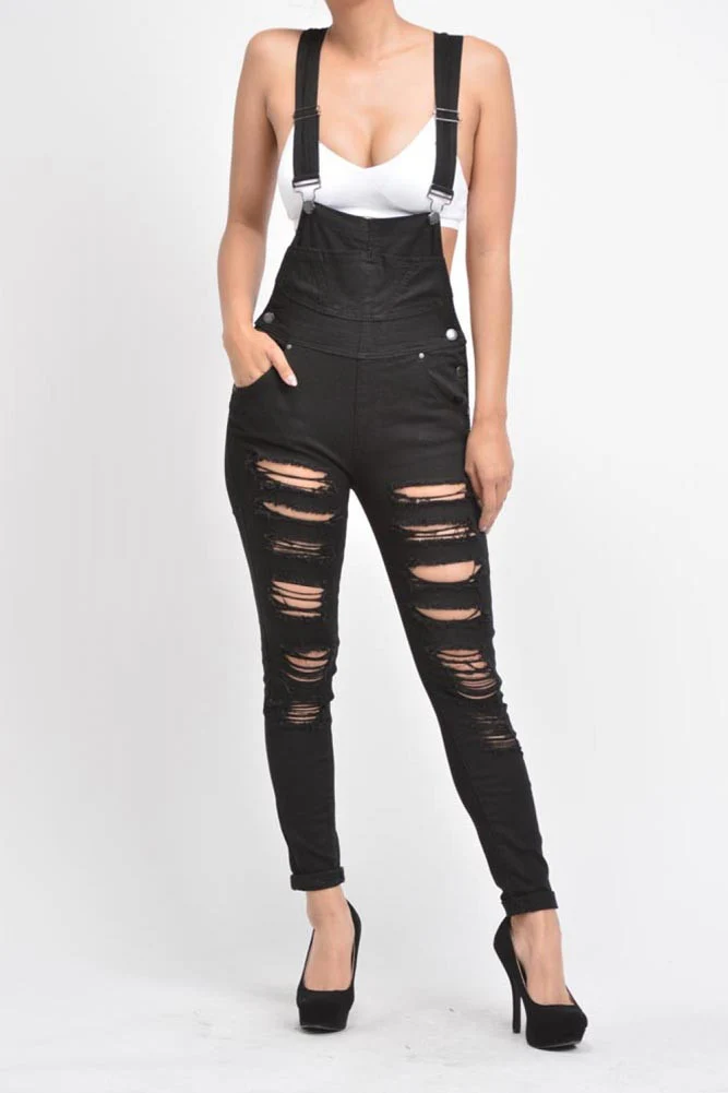 Women's Destroyed Skinny Overalls - Image 2