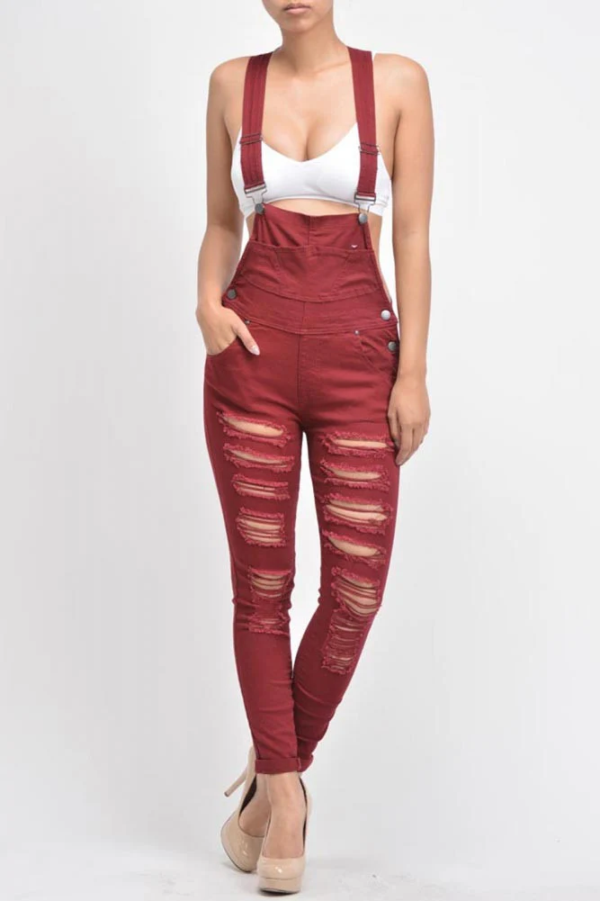 Women's Destroyed Skinny Overalls - Image 7