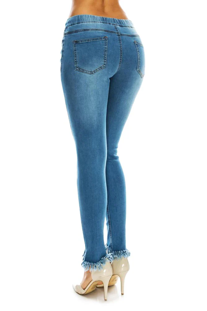 Women's Distressed Knee and Frayed Hem Denim Joggers - Image 4