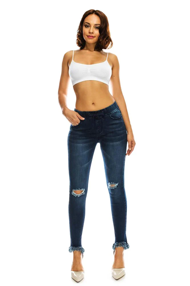 Women's Distressed Knee and Frayed Hem Denim Joggers - Image 7
