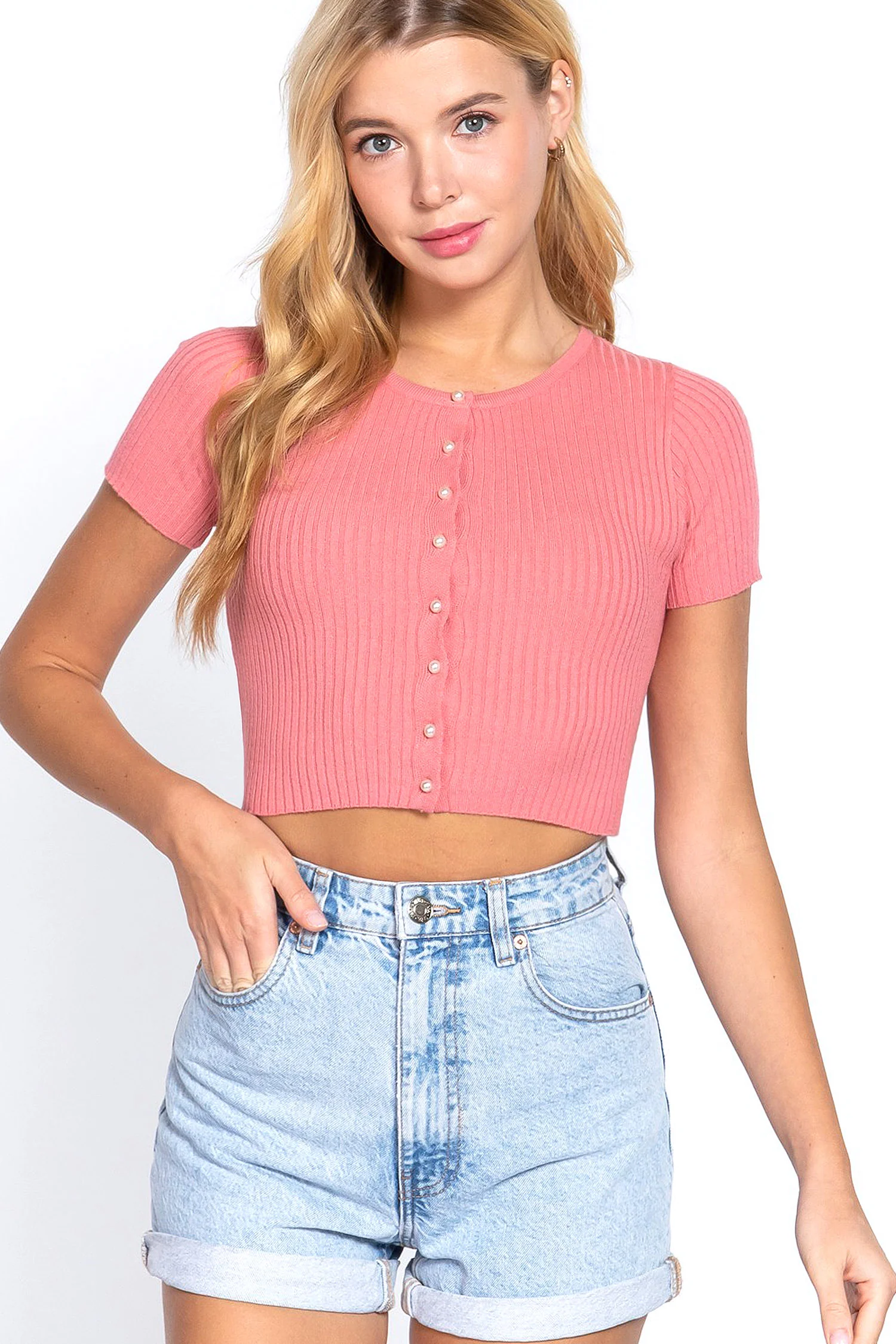 Women's Essential Short Sleeve Round Neck Pearl Button Cardigan - Image 5