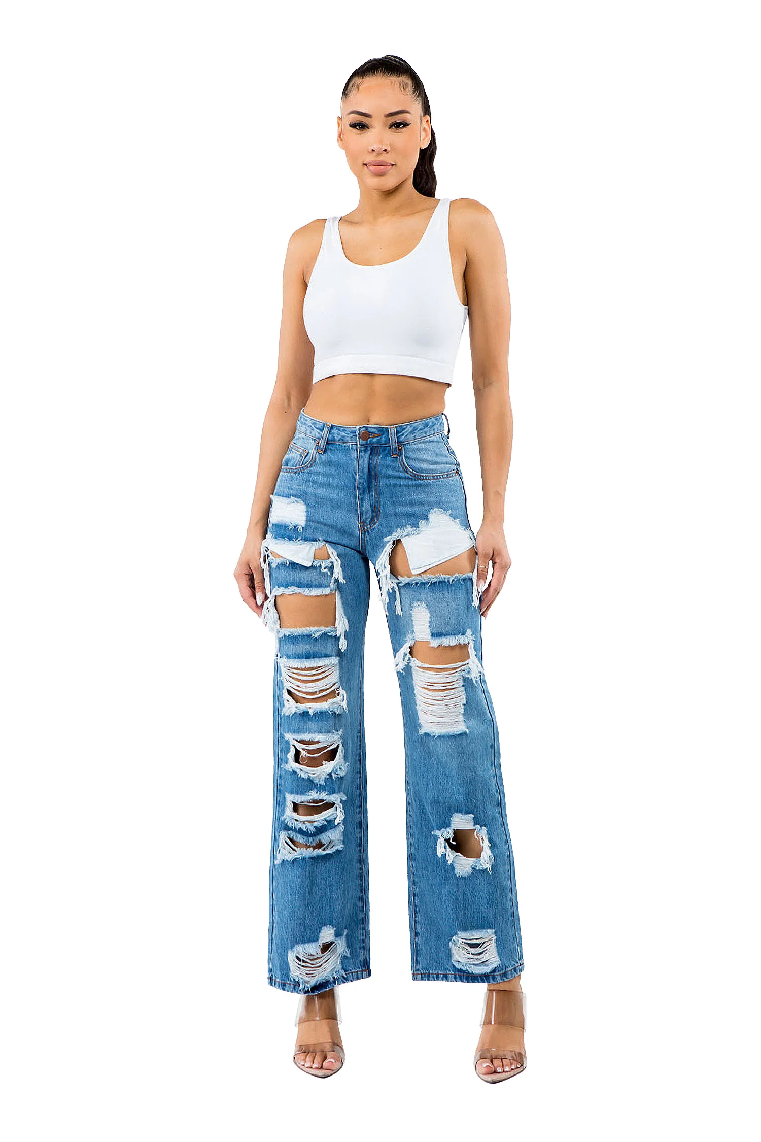 Women's High Distressed Wide Fit Denim Jeans - Image 6