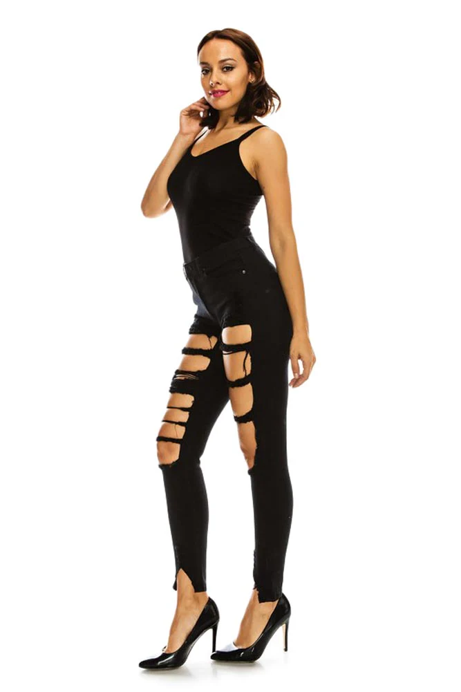 Women's High Rise Destroyed Denim Twill Jeans - Image 3