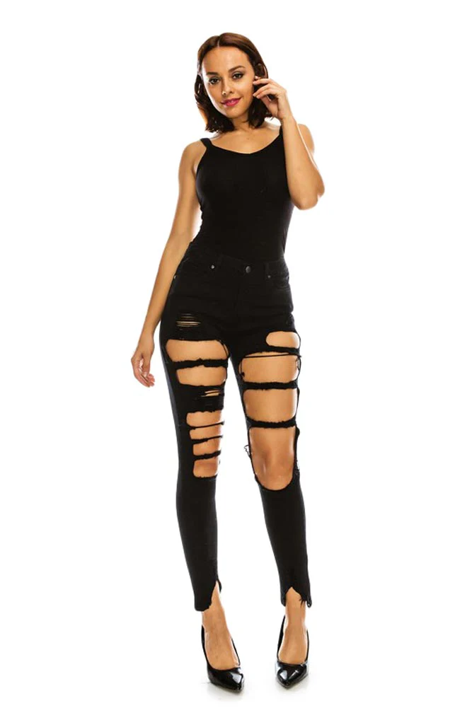 Women's High Rise Destroyed Denim Twill Jeans - Image 5