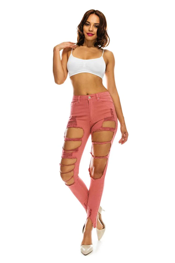 Women's High Rise Destroyed Denim Twill Jeans - Image 8