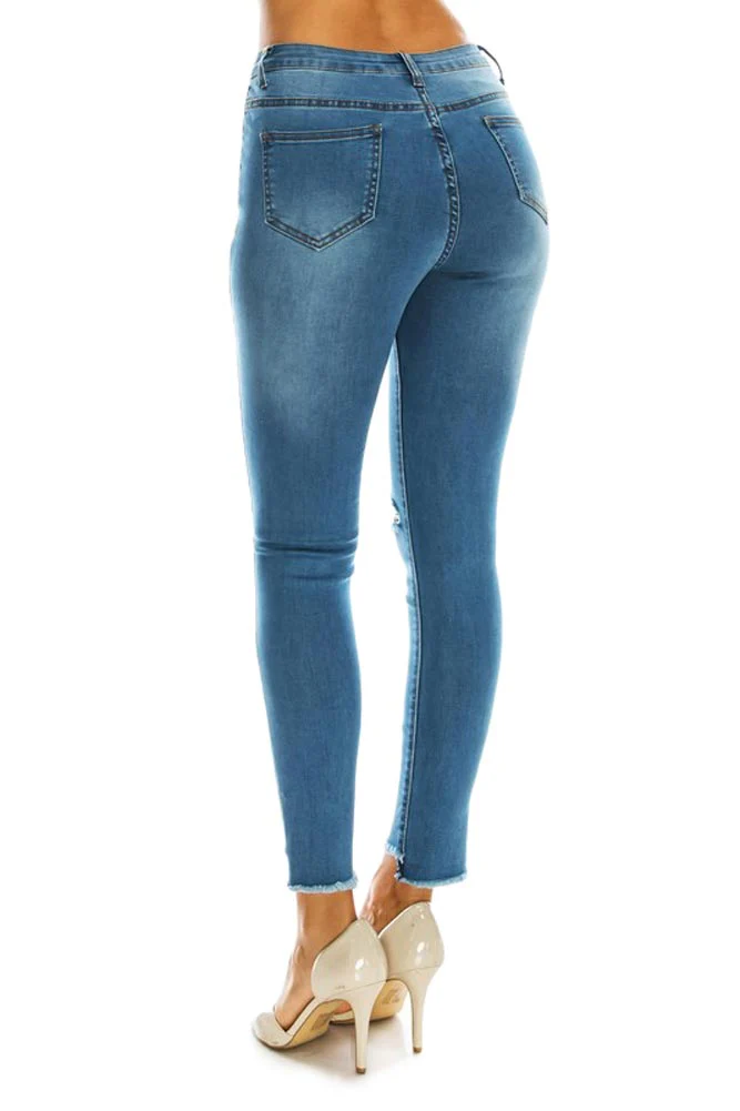 Women's High Rise Destroyed Knee and Hi-Low Frayed Hem Jeans - Image 4