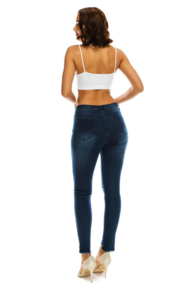 Women's High Rise Destroyed Knee and Hi-Low Frayed Hem Jeans - Image 6