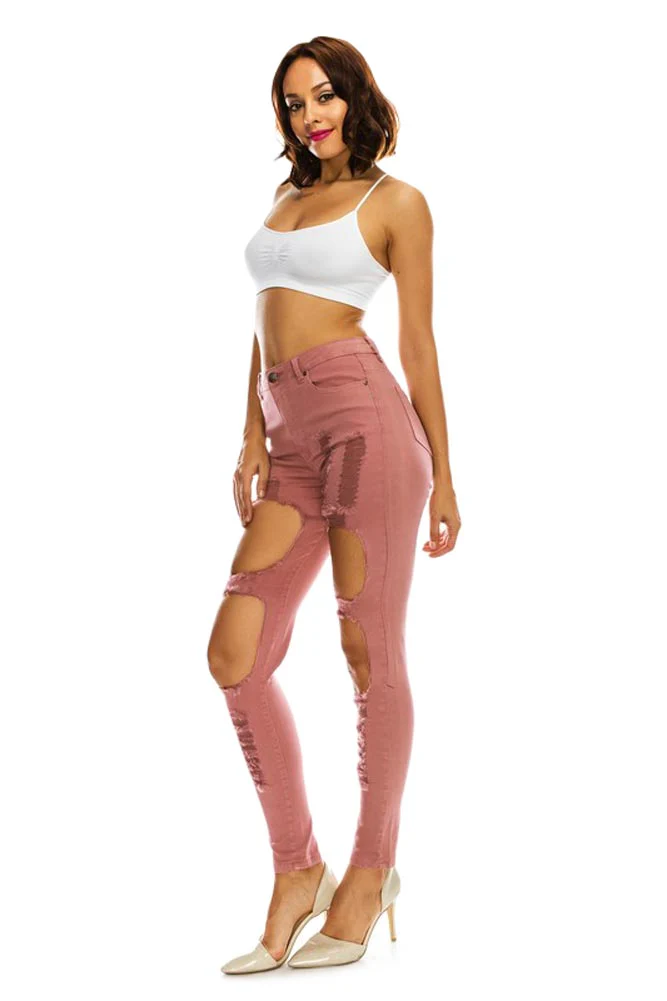 Women's High Rise Destroyed Twill Denim Jeans - Image 9