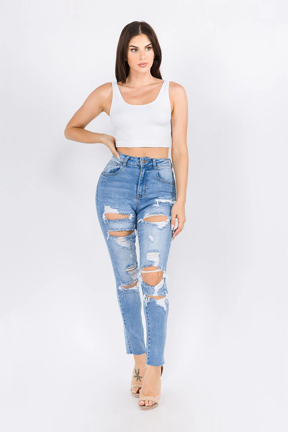 Women's High Rise Distressed Washed Out Denim Skinny Jeans - Image 4