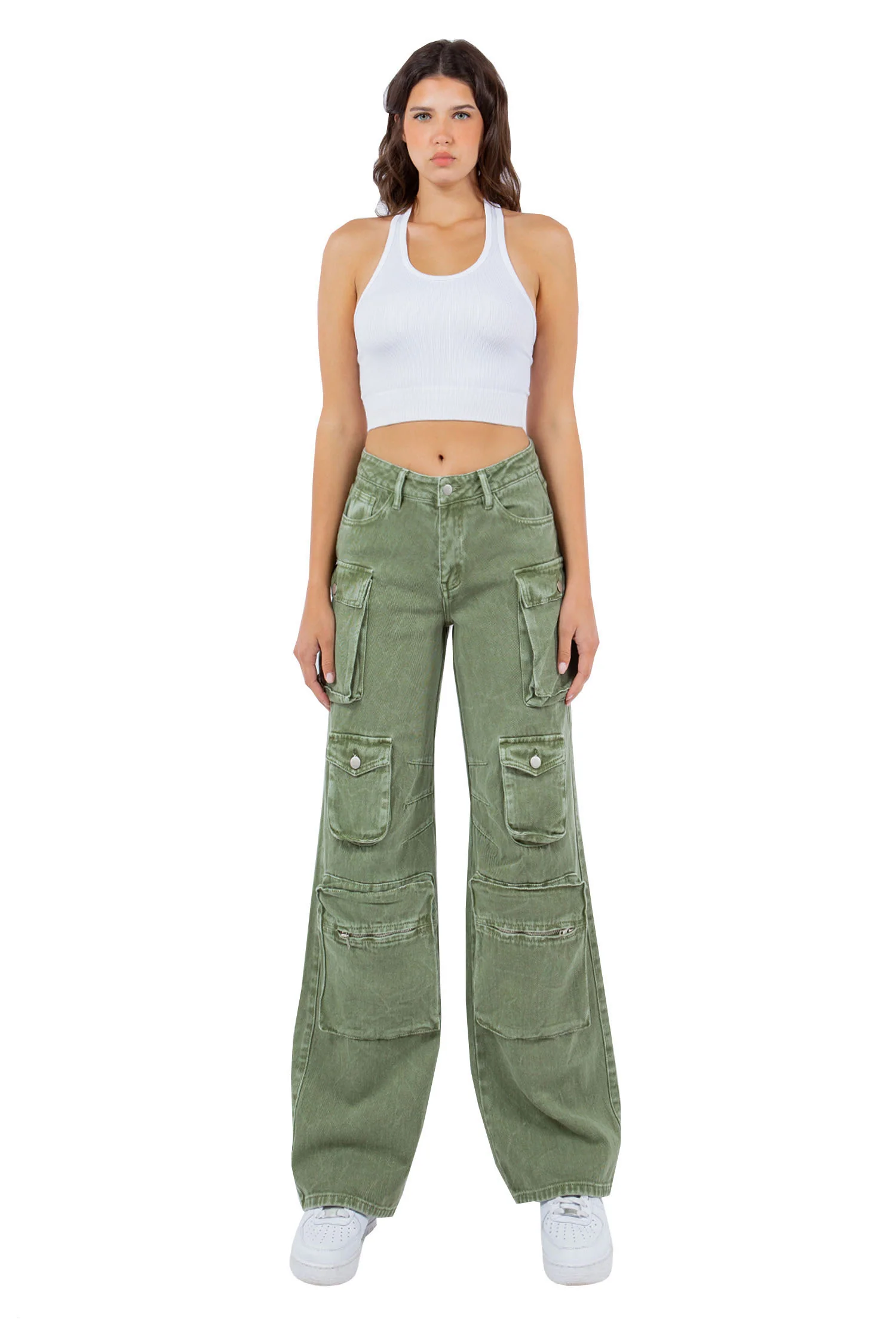 Women's High Rise Stone Washed Cargo Pocket Loose Fit Denim Jeans - Image 4