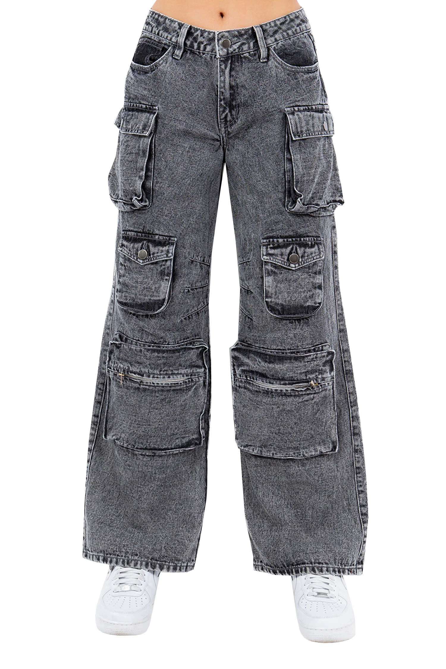 Women's High Rise Stone Washed Cargo Pocket Loose Fit Denim Jeans - Image 5