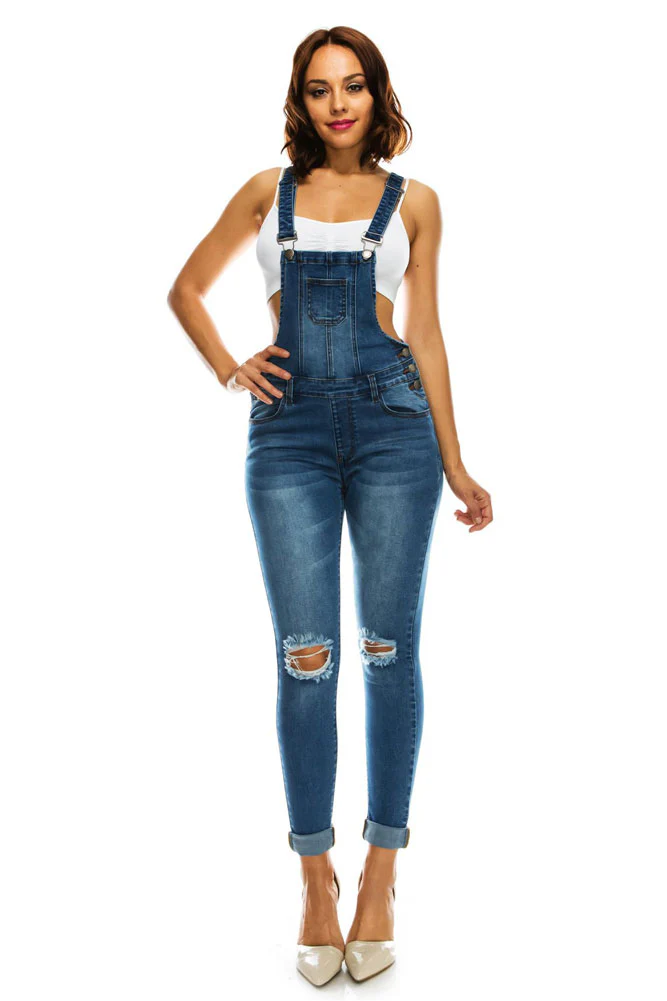 Women's Knee Slit Denim Overalls - Image 7