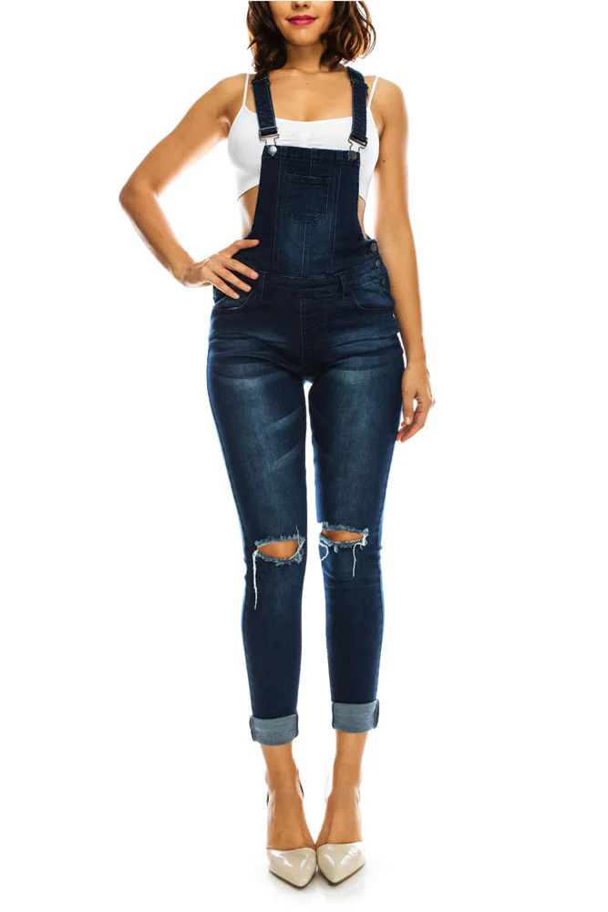 Women's Knee Slit Denim Overalls - Image 8