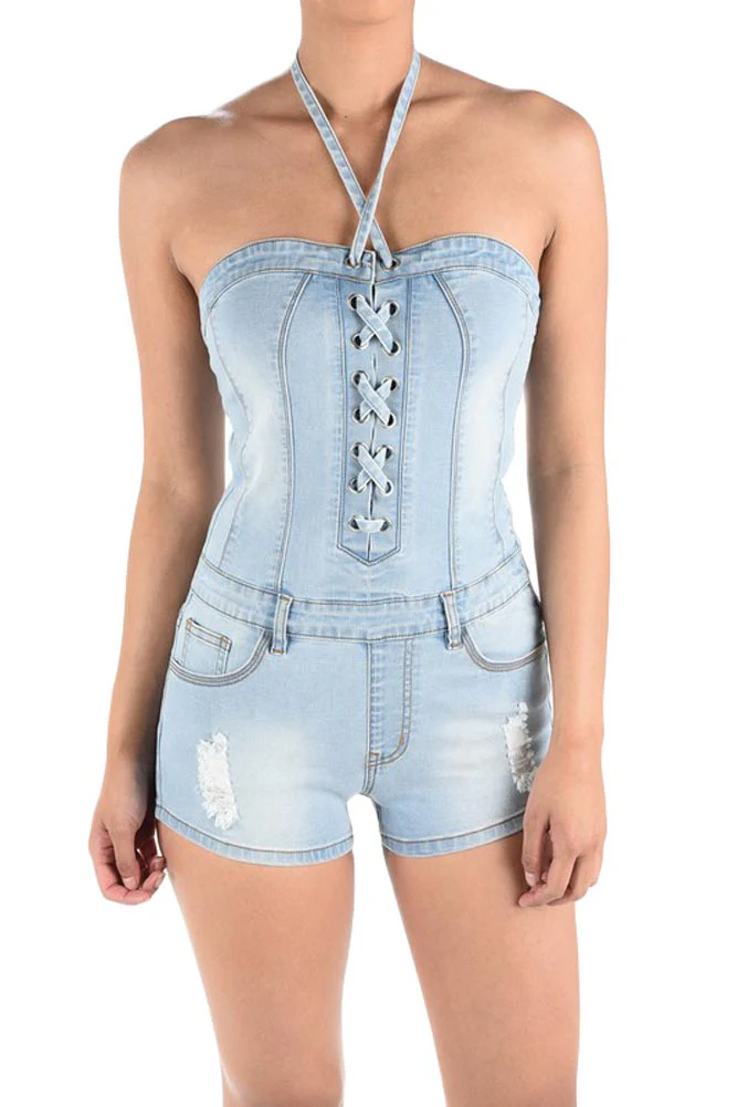 Women's Lace Up Denim Romper - Image 2