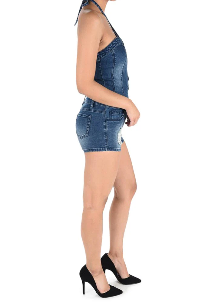 Women's Lace Up Denim Romper - Image 3