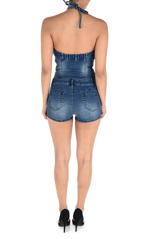 Women's Lace Up Denim Romper - Image 4