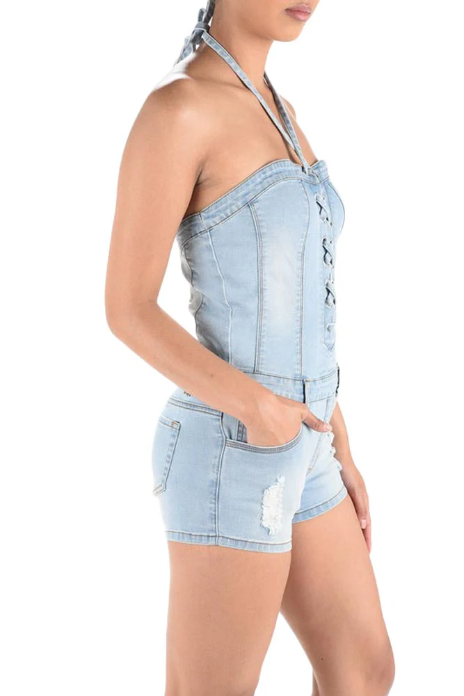 Women's Lace Up Denim Romper - Image 6