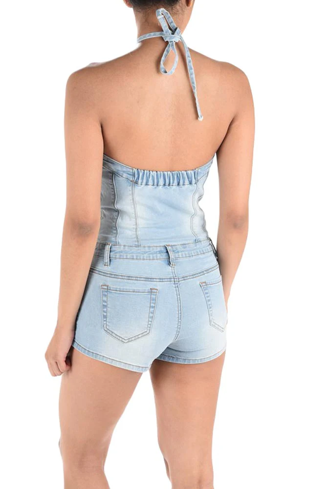 Women's Lace Up Denim Romper - Image 7