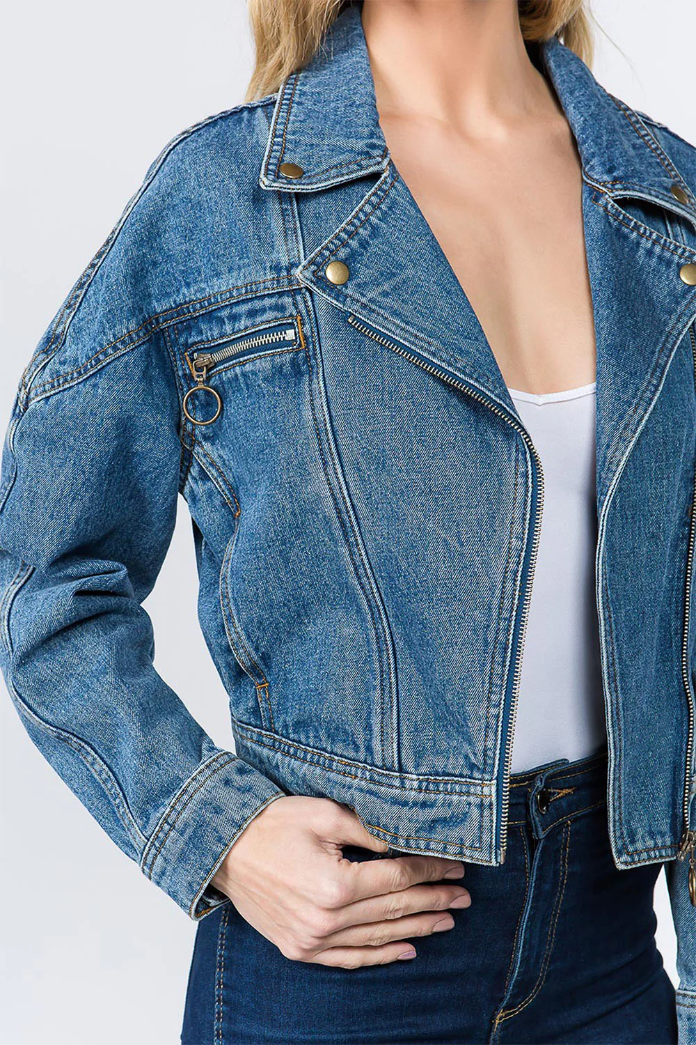 Women's Oversized Moto Biker Denim Jacket - Image 10