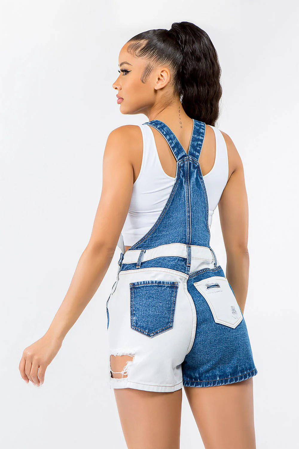 Women's Patchwork Color Block Denim Short Overalls - Image 3