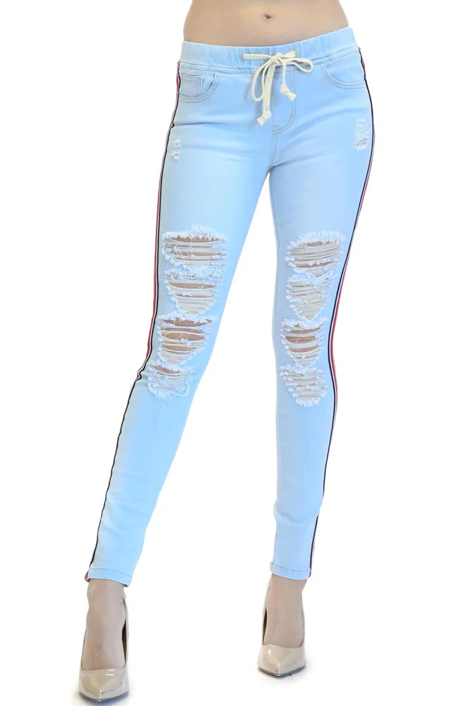 Women's Ripped Denim Jogger with Stripe - Image 5