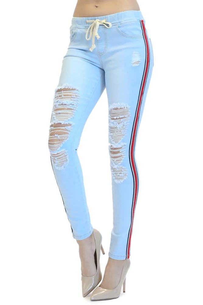Women's Ripped Denim Jogger with Stripe - Image 6