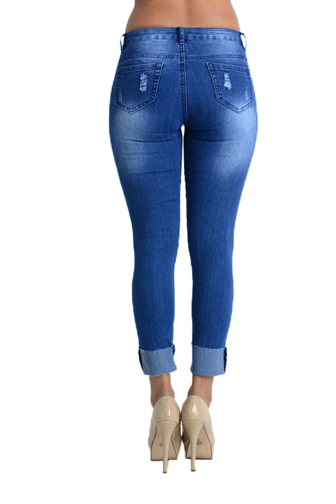 Women's Ripped Knee Cuffed Skinny Jeans - Image 3