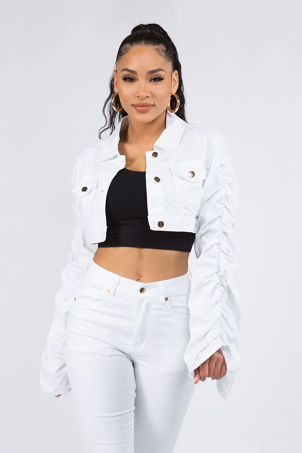 Women's Scrunched Bungee Sleeve Cropped Denim Jacket - Image 6