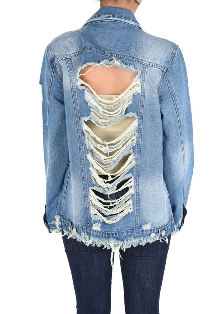 Women's Slashed Back Destroyed Denim Jacket - Image 3