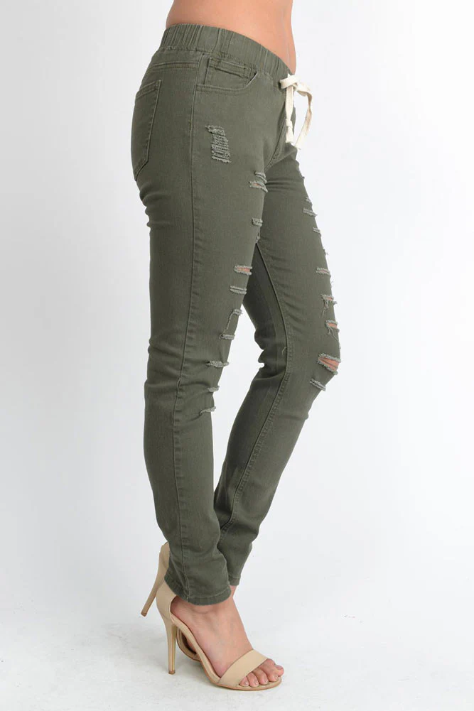 Women's Solid Thrashed Skinny Jogger Pants - Image 6